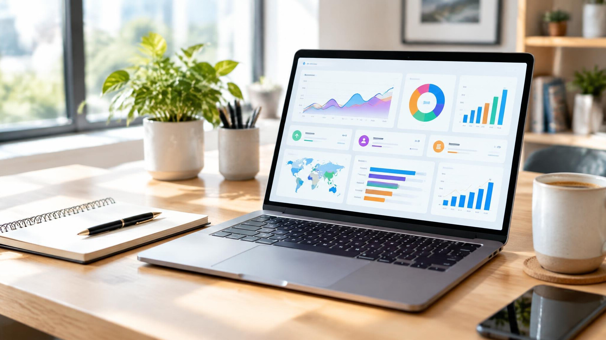Laptop showing analytics charts on a desk
