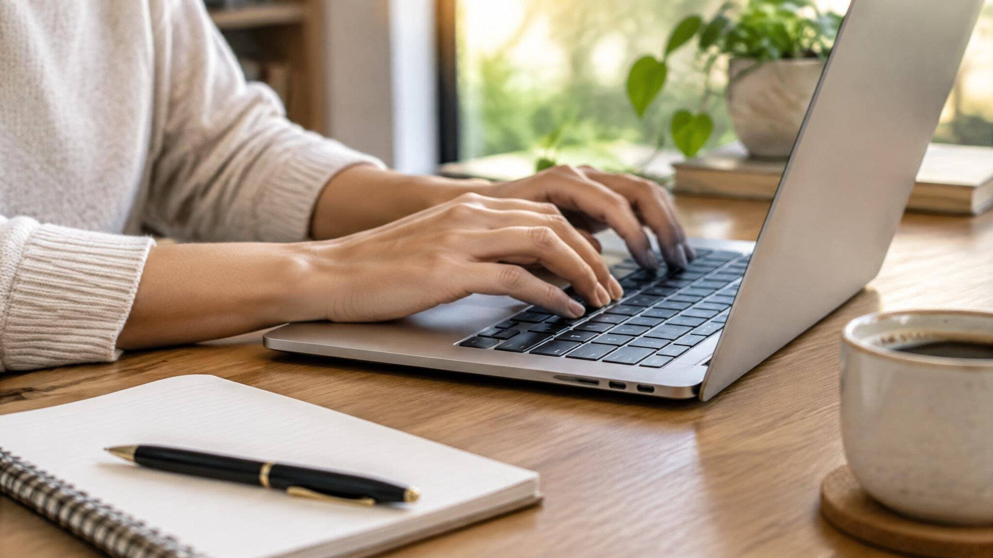 Hands typing on a laptop at a desk